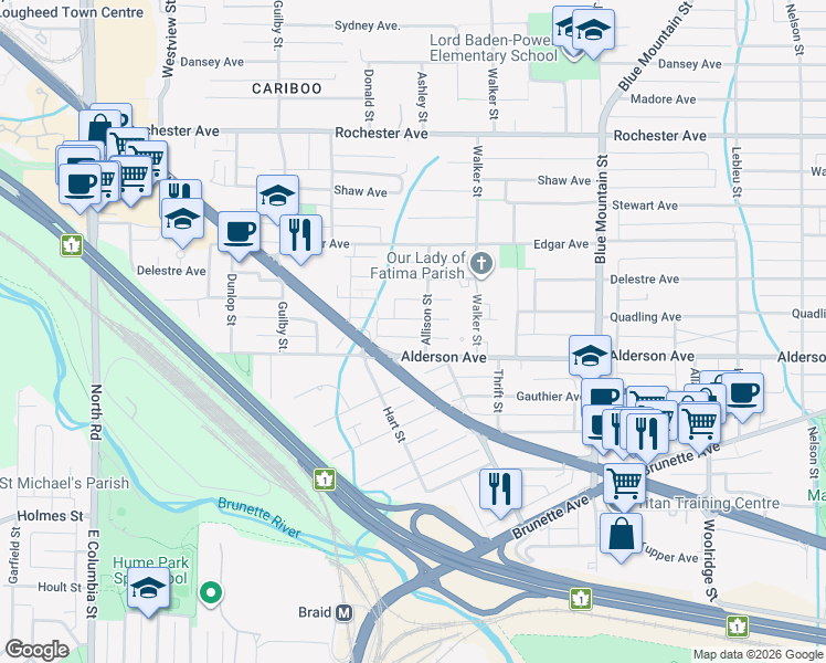 map of restaurants, bars, coffee shops, grocery stores, and more near 712 Quadling Avenue in Coquitlam