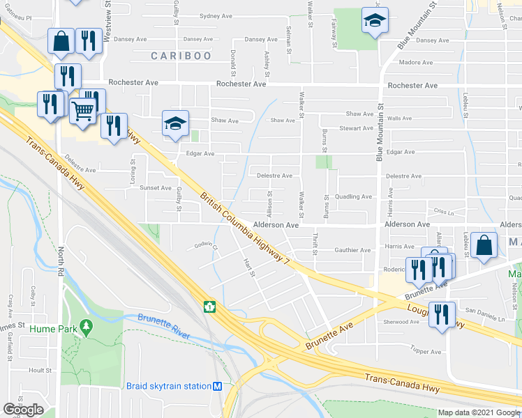 map of restaurants, bars, coffee shops, grocery stores, and more near 712 Quadling Avenue in Coquitlam