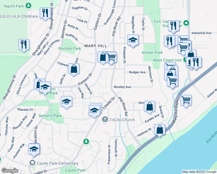 map of restaurants, bars, coffee shops, grocery stores, and more near 1420 Pitt River Road in Port Coquitlam