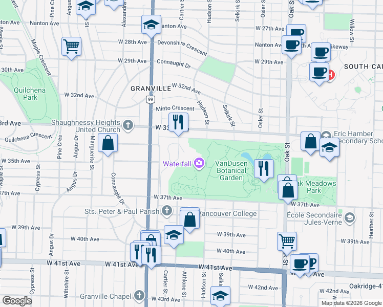map of restaurants, bars, coffee shops, grocery stores, and more near 4900 Cartier Street in Vancouver