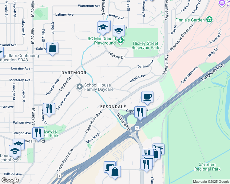 map of restaurants, bars, coffee shops, grocery stores, and more near 320 Dartmoor Drive in Coquitlam