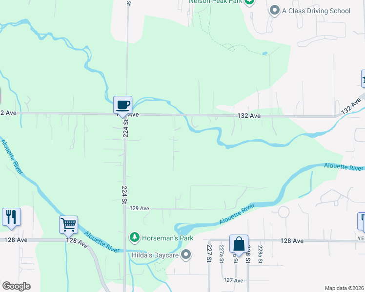 map of restaurants, bars, coffee shops, grocery stores, and more near 13088 Edge Street in Maple Ridge