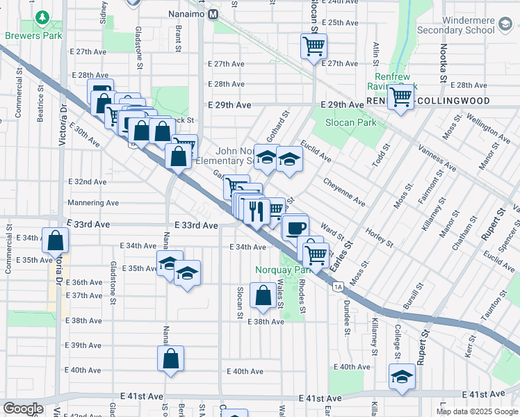 map of restaurants, bars, coffee shops, grocery stores, and more near 4860 Slocan Street in Vancouver