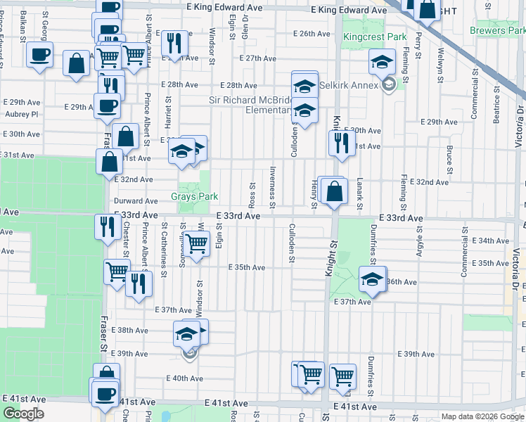 map of restaurants, bars, coffee shops, grocery stores, and more near 1181 East 33rd Avenue in Vancouver