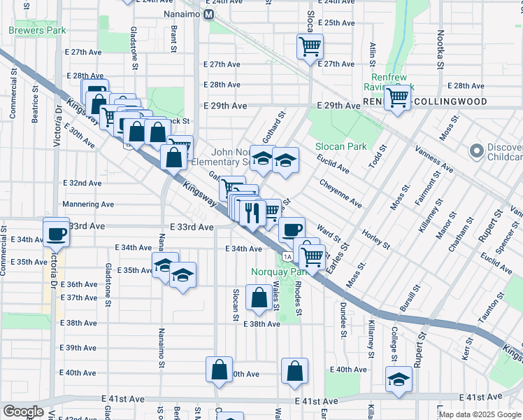 map of restaurants, bars, coffee shops, grocery stores, and more near 4852 Slocan Street in Vancouver
