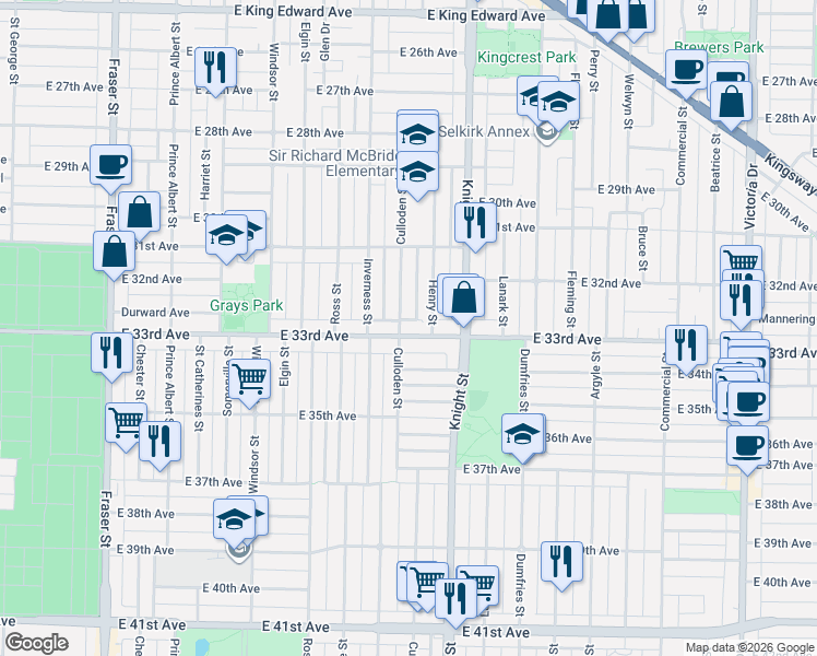 map of restaurants, bars, coffee shops, grocery stores, and more near 1315 East 33rd Avenue in Vancouver