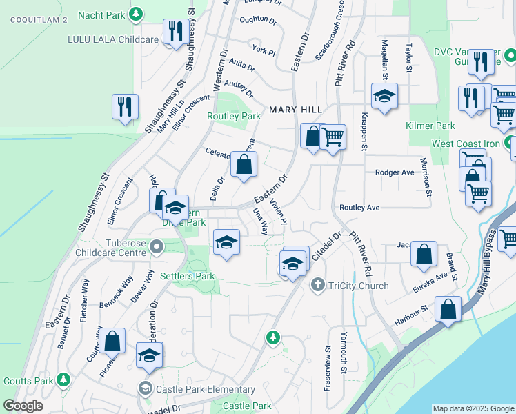 map of restaurants, bars, coffee shops, grocery stores, and more near 1364 Una Way in Port Coquitlam