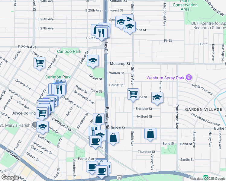 map of restaurants, bars, coffee shops, grocery stores, and more near 3723 Price Street in Burnaby