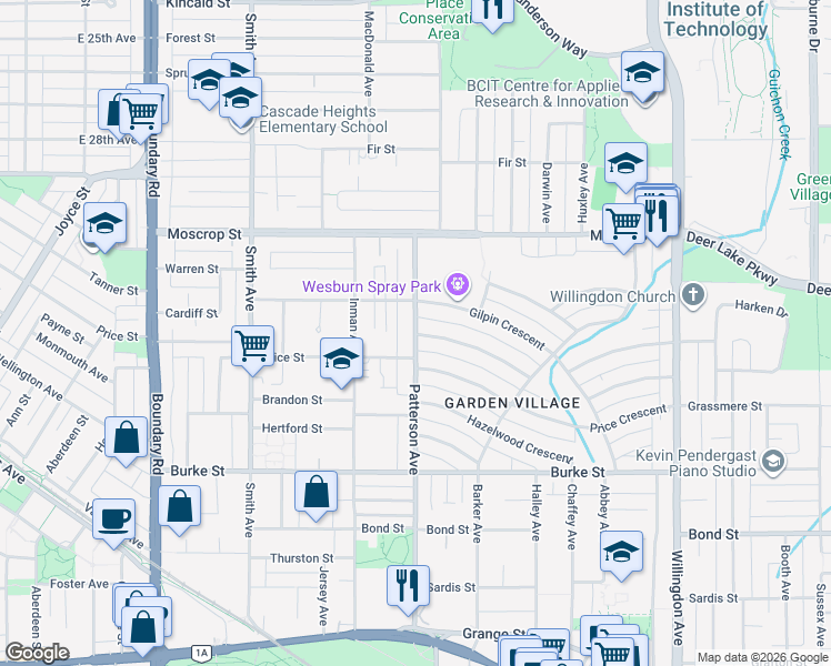 map of restaurants, bars, coffee shops, grocery stores, and more near 4880 Patterson Avenue in Burnaby