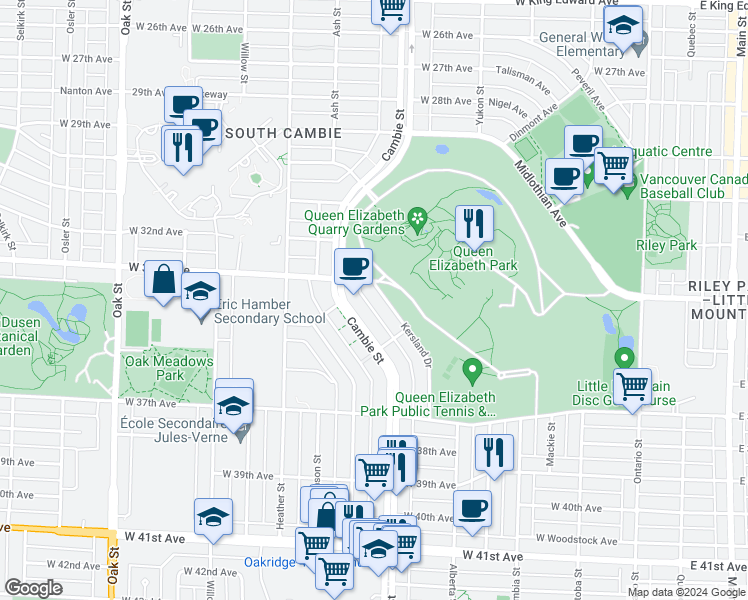 map of restaurants, bars, coffee shops, grocery stores, and more near 4957 Kersland Drive in Vancouver