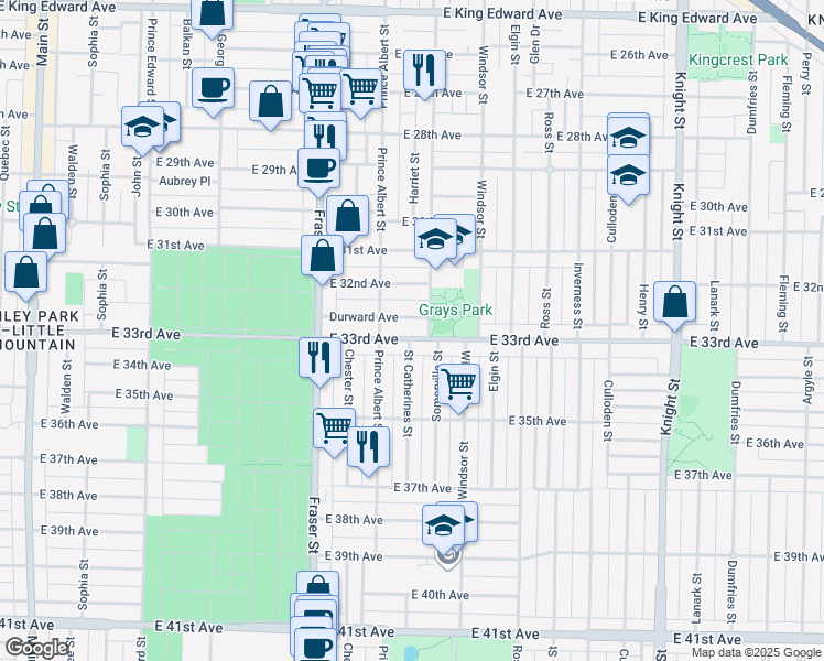 map of restaurants, bars, coffee shops, grocery stores, and more near 871 East 33rd Avenue in Vancouver