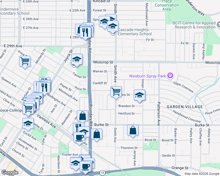map of restaurants, bars, coffee shops, grocery stores, and more near 3783 Price Street in Burnaby