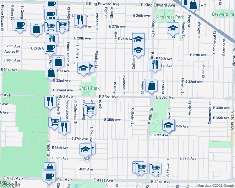 map of restaurants, bars, coffee shops, grocery stores, and more near 1165 East 33rd Avenue in Vancouver