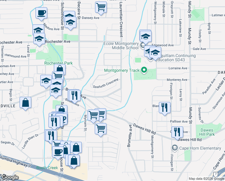 map of restaurants, bars, coffee shops, grocery stores, and more near 330 Laurentian Crescent in Coquitlam