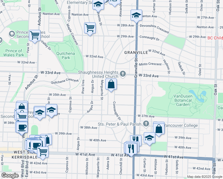 map of restaurants, bars, coffee shops, grocery stores, and more near 5055 Connaught Drive in Vancouver