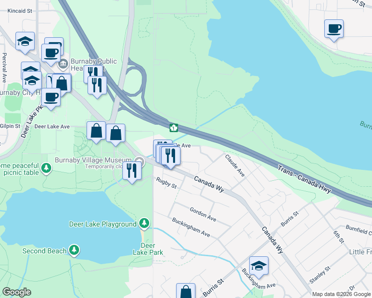 map of restaurants, bars, coffee shops, grocery stores, and more near 5021 Claude Avenue in Burnaby