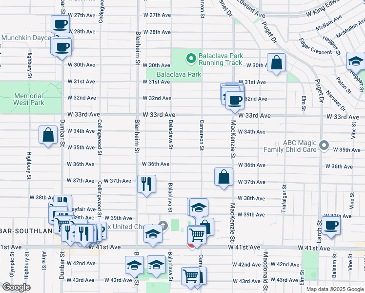 map of restaurants, bars, coffee shops, grocery stores, and more near 3125 West 35th Avenue in Vancouver