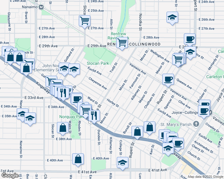 map of restaurants, bars, coffee shops, grocery stores, and more near 4868 Earles Street in Vancouver