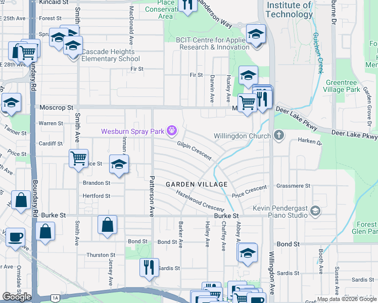 map of restaurants, bars, coffee shops, grocery stores, and more near 4205 Gilpin Crescent in Burnaby
