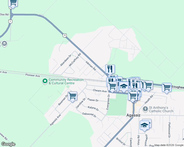 map of restaurants, bars, coffee shops, grocery stores, and more near 2070 Dunn Place in Agassiz