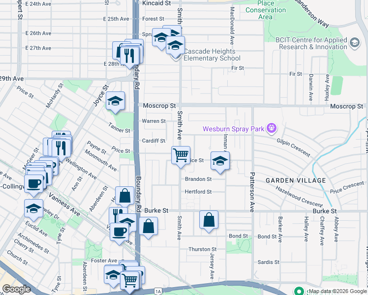 map of restaurants, bars, coffee shops, grocery stores, and more near 4856 Smith Avenue in Burnaby