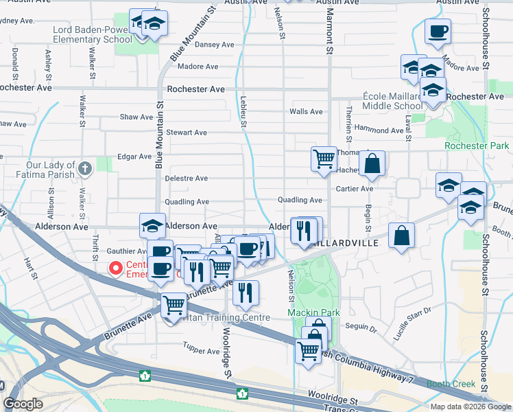 map of restaurants, bars, coffee shops, grocery stores, and more near 1008 Quadling Avenue in Coquitlam