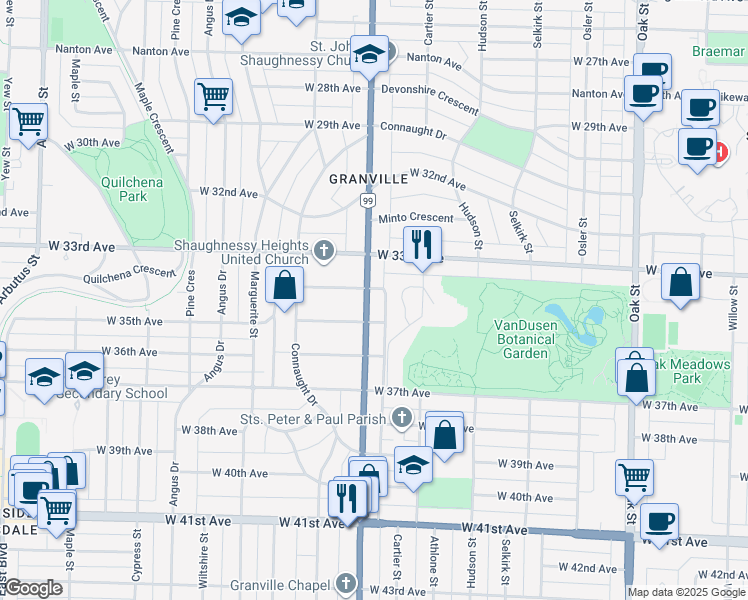 map of restaurants, bars, coffee shops, grocery stores, and more near 5034 Granville Street in Vancouver