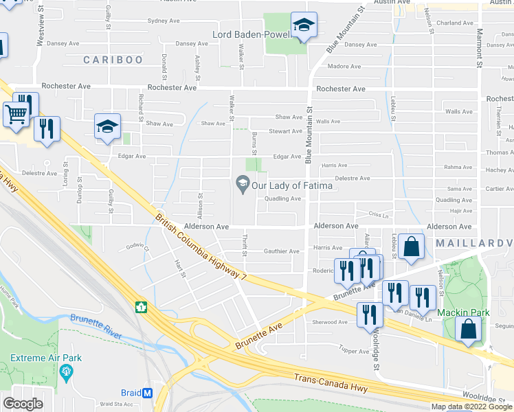 map of restaurants, bars, coffee shops, grocery stores, and more near 273 Burns Street in Coquitlam