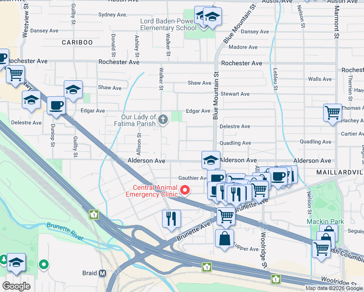 map of restaurants, bars, coffee shops, grocery stores, and more near 273 Burns Street in Coquitlam