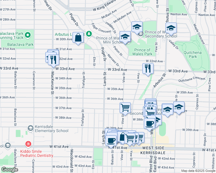map of restaurants, bars, coffee shops, grocery stores, and more near 2475 West 35th Avenue in Vancouver