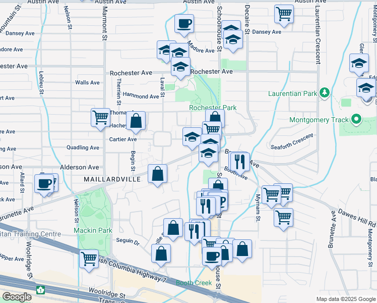 map of restaurants, bars, coffee shops, grocery stores, and more near 250 Casey Street in Coquitlam