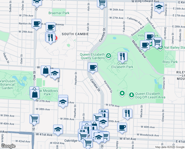 map of restaurants, bars, coffee shops, grocery stores, and more near 4916 Cambie Street in Vancouver