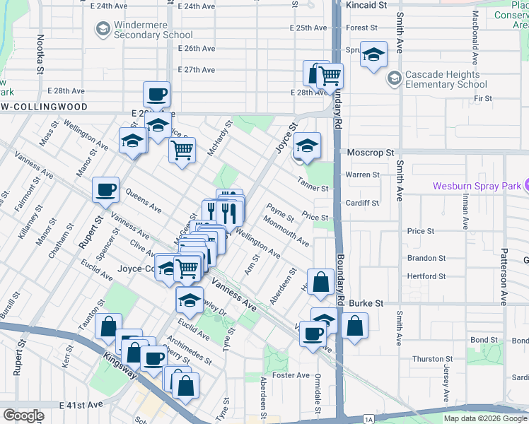 map of restaurants, bars, coffee shops, grocery stores, and more near 3507 Monmouth Avenue in Vancouver