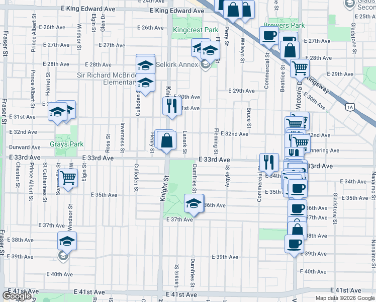 map of restaurants, bars, coffee shops, grocery stores, and more near 4874 Lanark Street in Vancouver