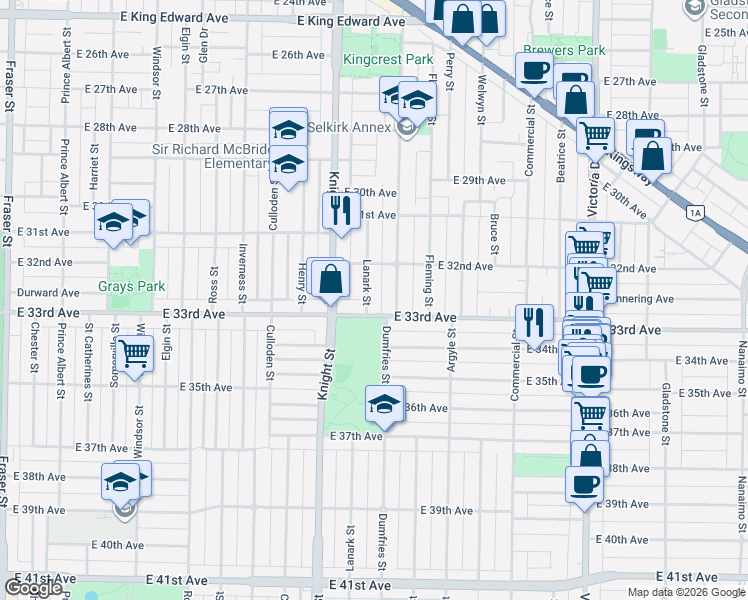 map of restaurants, bars, coffee shops, grocery stores, and more near in Vancouver