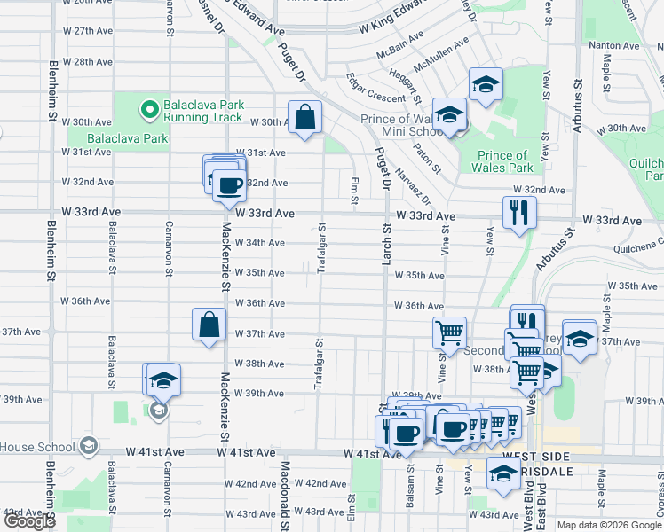 map of restaurants, bars, coffee shops, grocery stores, and more near 2677 West 35th Avenue in Vancouver