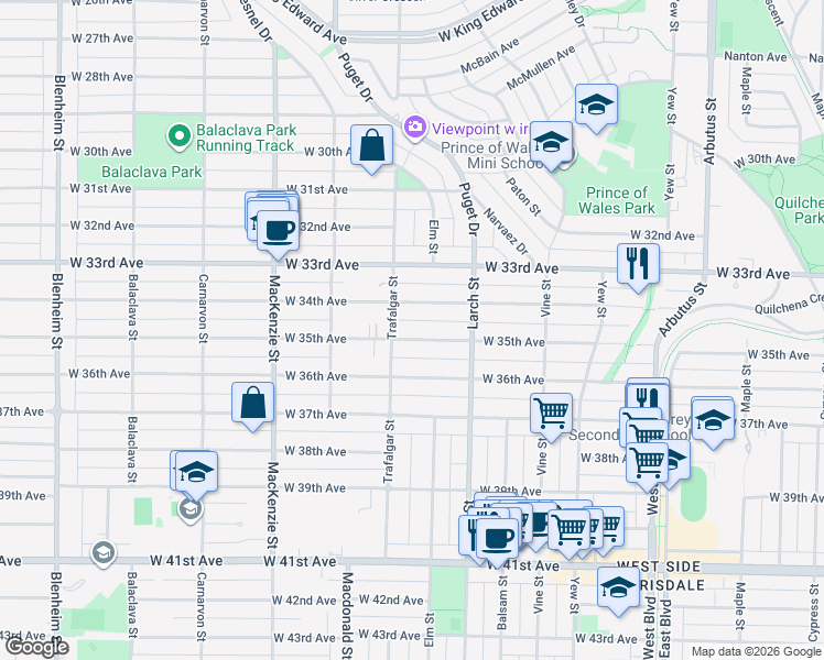 map of restaurants, bars, coffee shops, grocery stores, and more near 2659 West 35th Avenue in Vancouver