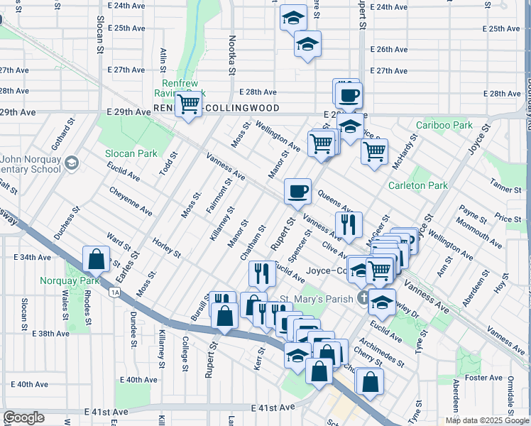 map of restaurants, bars, coffee shops, grocery stores, and more near 4867 Chatham Street in Vancouver