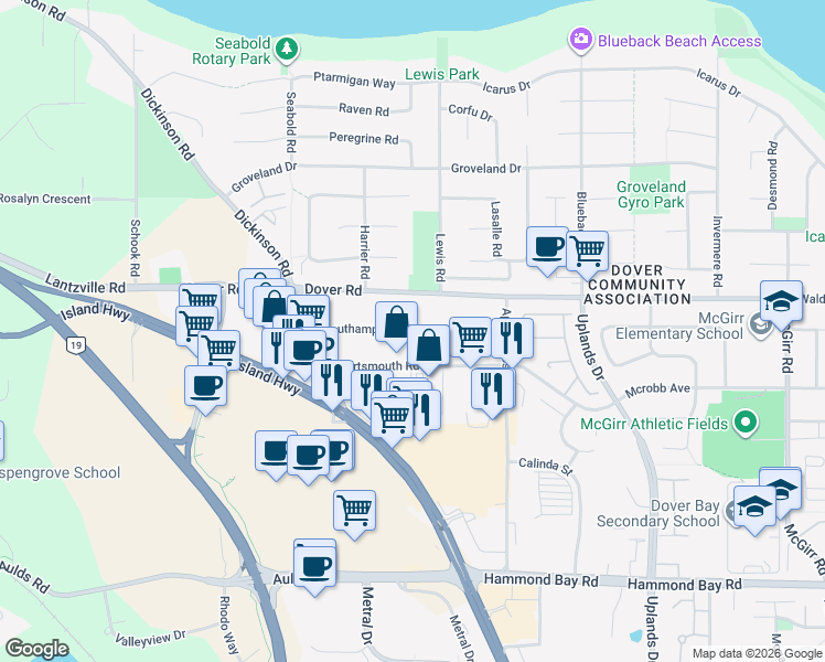 map of restaurants, bars, coffee shops, grocery stores, and more near 6533 Southampton Road in Nanaimo