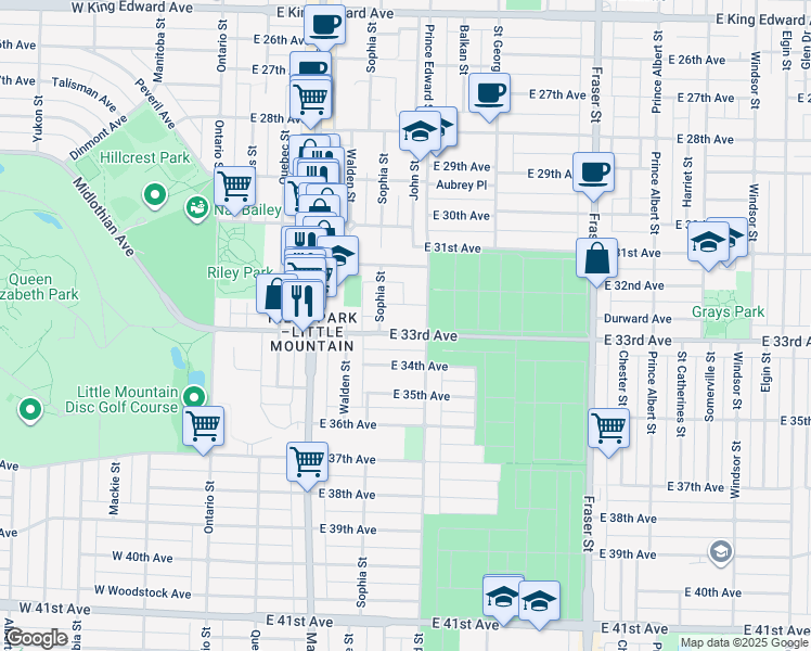 map of restaurants, bars, coffee shops, grocery stores, and more near 373 East 33rd Avenue in Vancouver