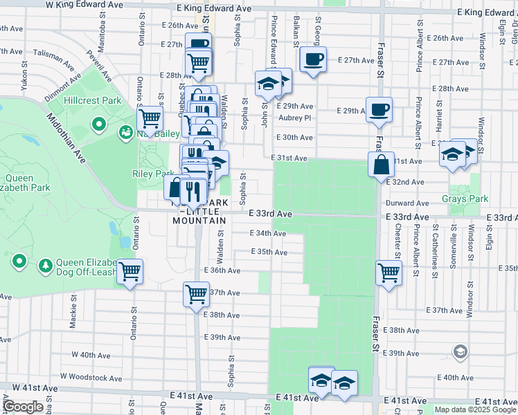 map of restaurants, bars, coffee shops, grocery stores, and more near 369 East 33rd Avenue in Vancouver