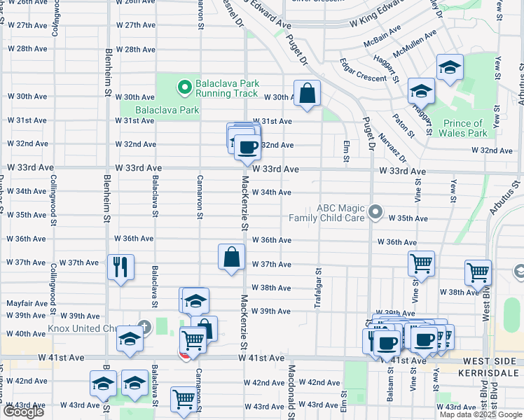 map of restaurants, bars, coffee shops, grocery stores, and more near 2857 West 35th Avenue in Vancouver