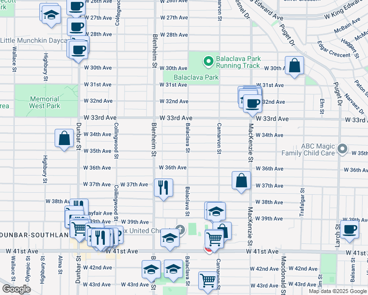 map of restaurants, bars, coffee shops, grocery stores, and more near 3205 West 35th Avenue in Vancouver