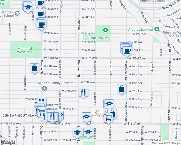 map of restaurants, bars, coffee shops, grocery stores, and more near 3227 West 35th Avenue in Vancouver