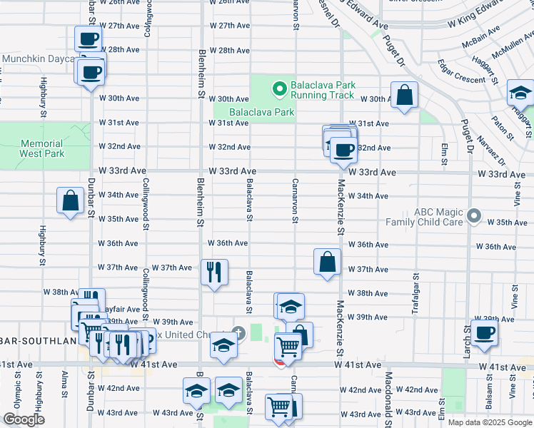 map of restaurants, bars, coffee shops, grocery stores, and more near 3125 West 35th Avenue in Vancouver