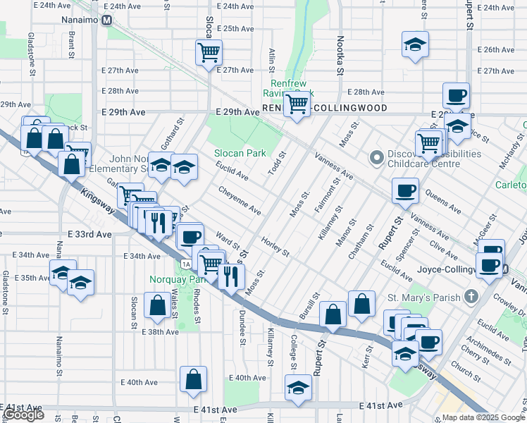 map of restaurants, bars, coffee shops, grocery stores, and more near 4899 Earles Street in Vancouver
