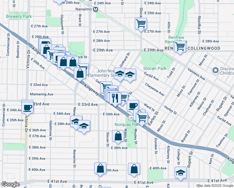 map of restaurants, bars, coffee shops, grocery stores, and more near 4854 Slocan Street in Vancouver