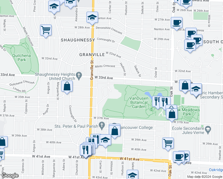 map of restaurants, bars, coffee shops, grocery stores, and more near 4900 Cartier Street in Vancouver