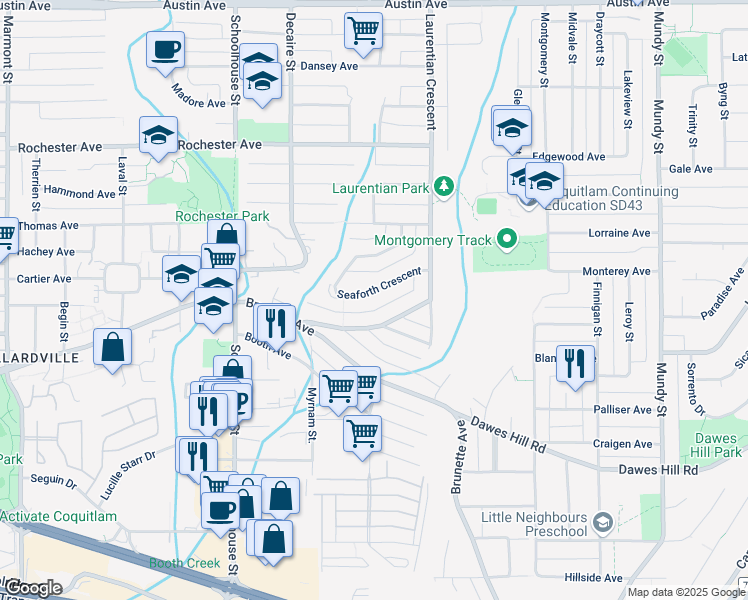 map of restaurants, bars, coffee shops, grocery stores, and more near 320 Seaforth Crescent in Coquitlam