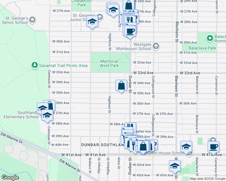 map of restaurants, bars, coffee shops, grocery stores, and more near 3775 West 35th Avenue in Vancouver